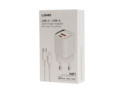 Универсальное зарядное устройство LDNIO A2318M MFI 20W USB-А, USB-C Белый