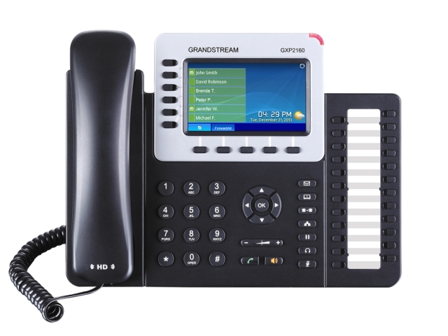 Grandstream GXP2160, 6-line Enterprise HD IP Phone, 480x272 TFT color LCD, 24+6 speed keys, dual GigE with 802.3af PoE, Bluetooth, USB, (with PS)