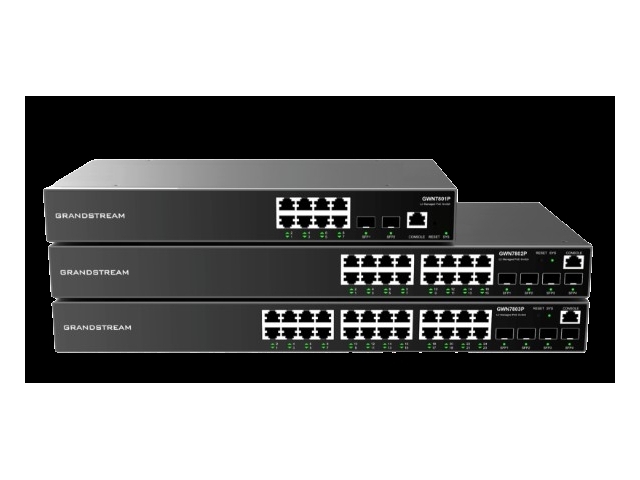 Grandstream GWN7813, Управляемый сетевой коммутатор уровня 3, 24 порта GbE RJ45, 4 порта SFP+, возможность стекирования, опциональный резервный блок питания
